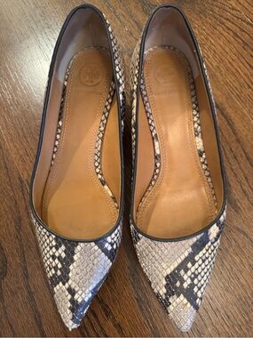 Tory Burch Snake-Print Pointed Flats in Black and Cream